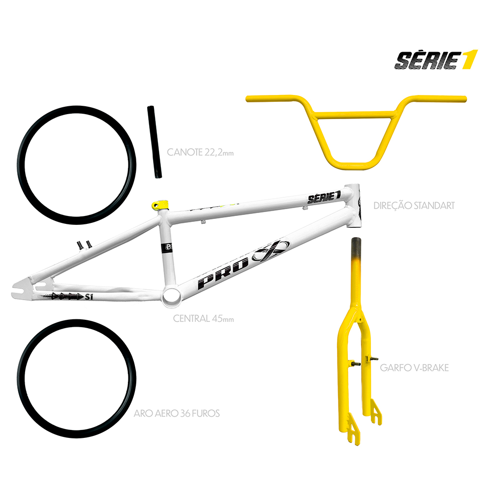 Quadro bmx branco e amarelo serie 1 com kit