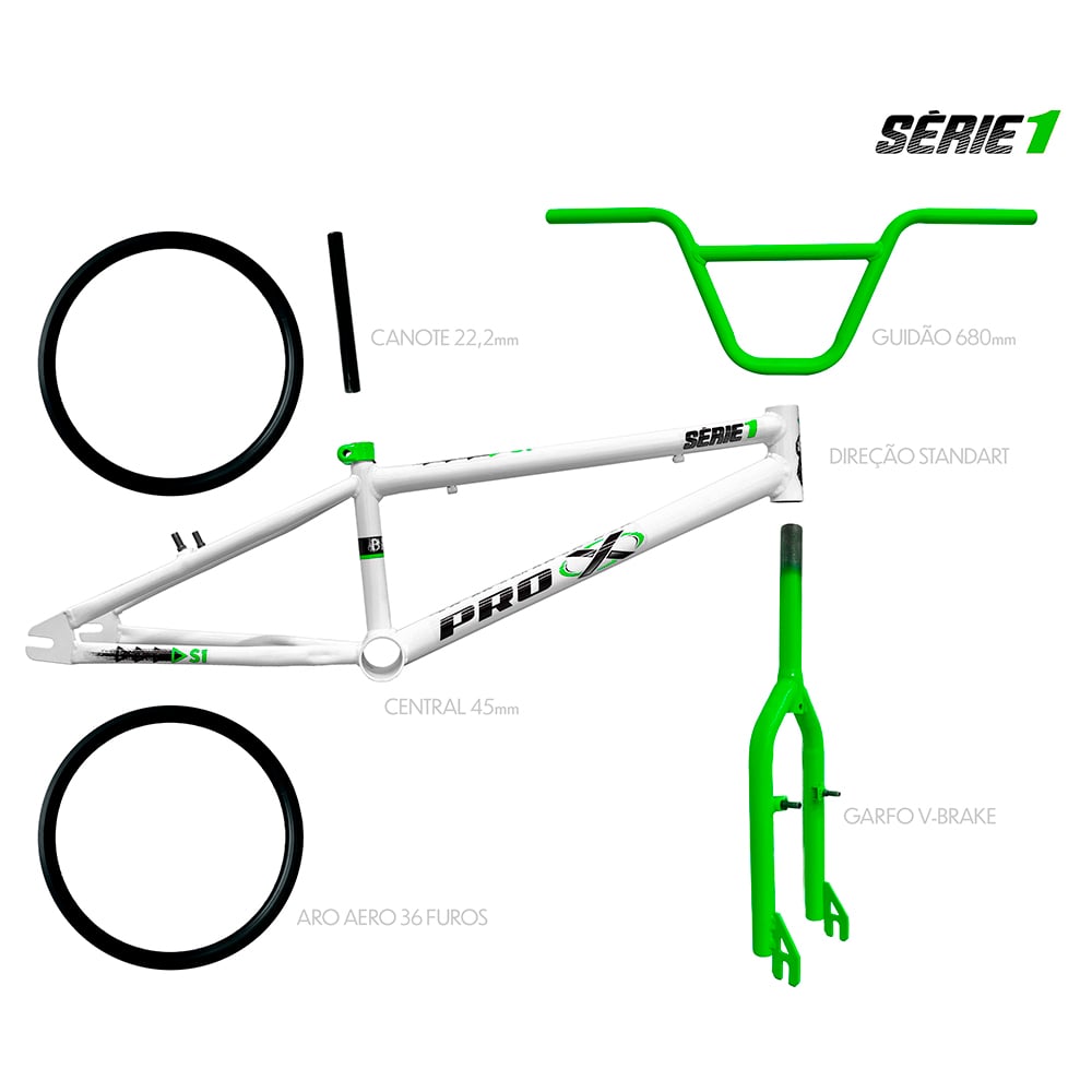 Quadro bmx branco e verde serie 1 com kit