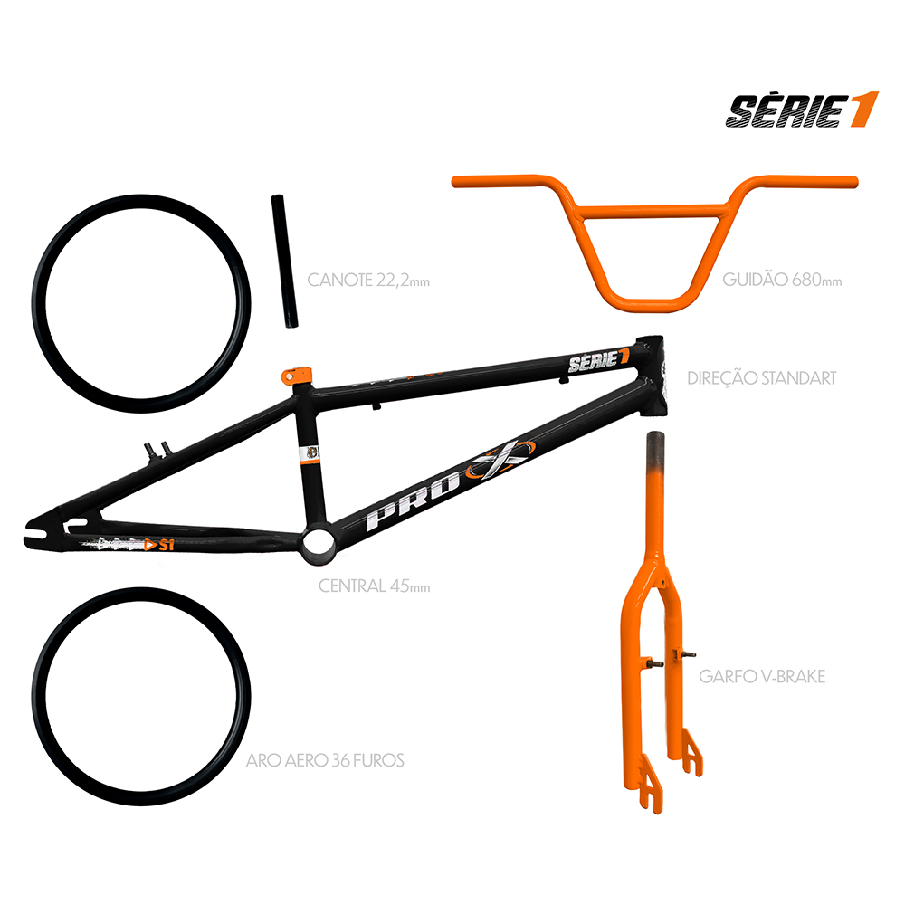 Quadro bmx preto e laranja serie 1 com kit