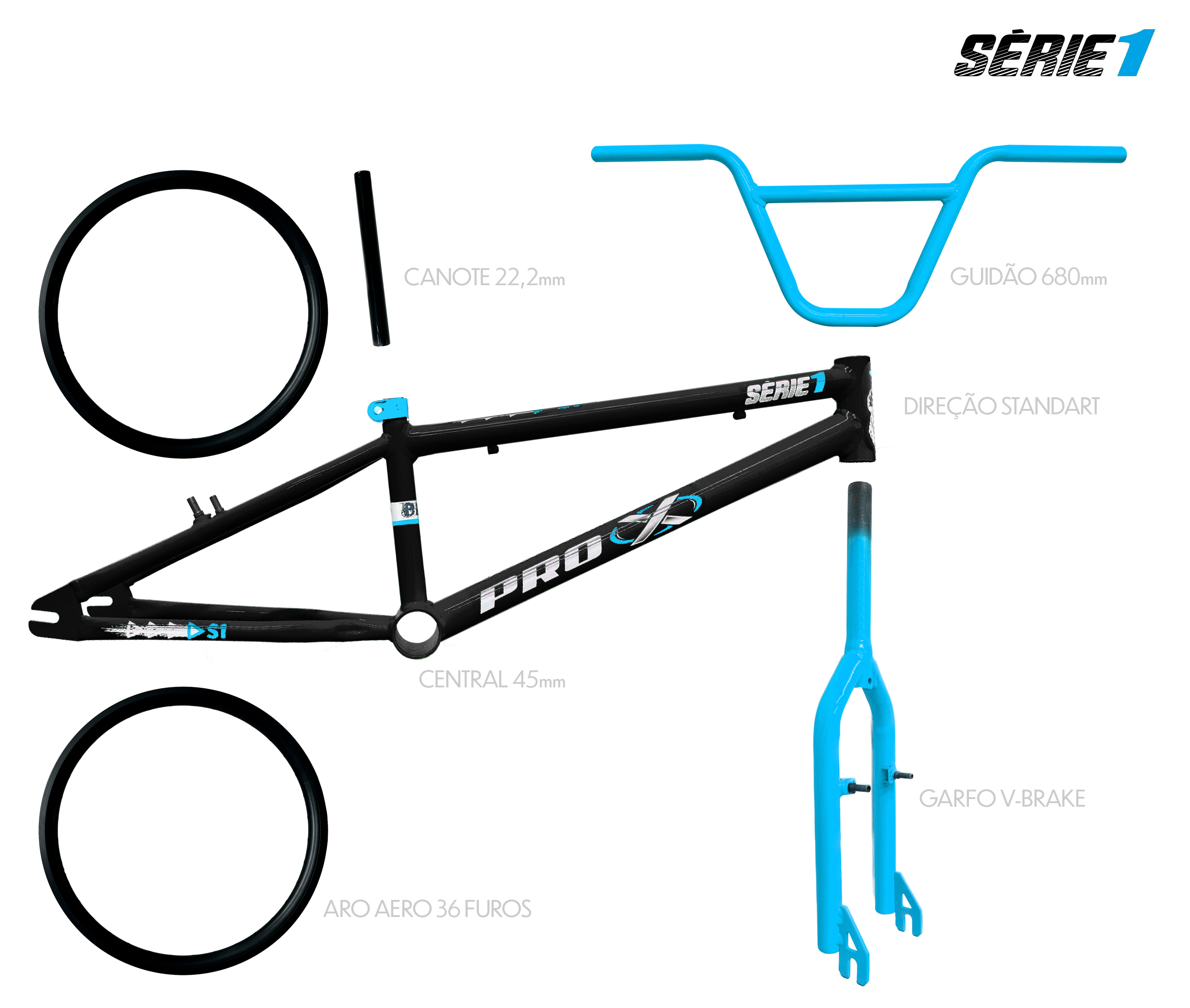 Quadro bmx preto e azul serie 1 com kit