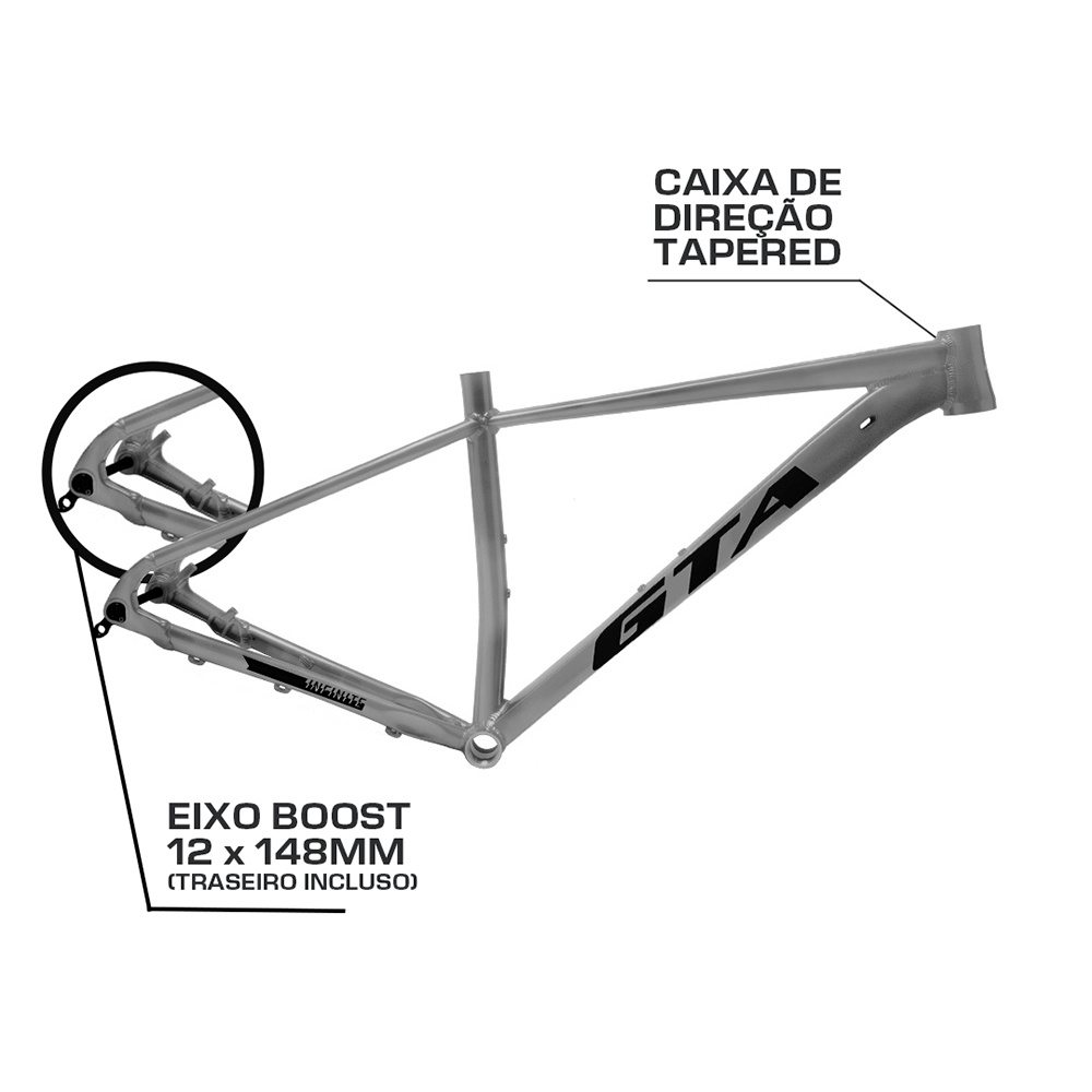 Quadro 29 alumínio gta infinite tam 21 tapered e boost cinza  com eixo passante