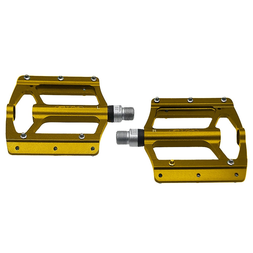 Pedal 9/16 plataforma alumínio dourado com eixo em cromoly com rolamentos selados e pinos removíveis