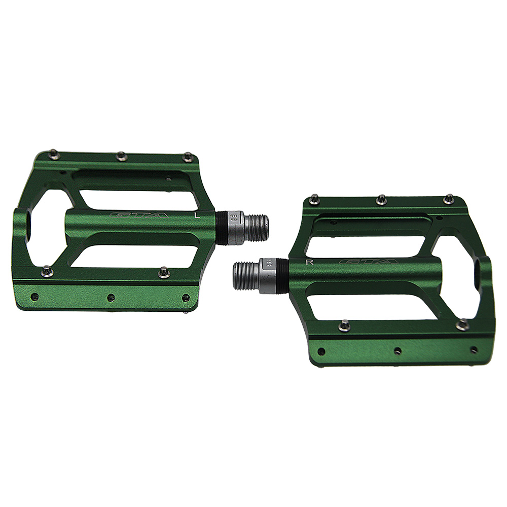 Pedal 9/16 colorido plataforma alumínio verde com eixo em cromoly com rolamentos selados e pinos removíveis