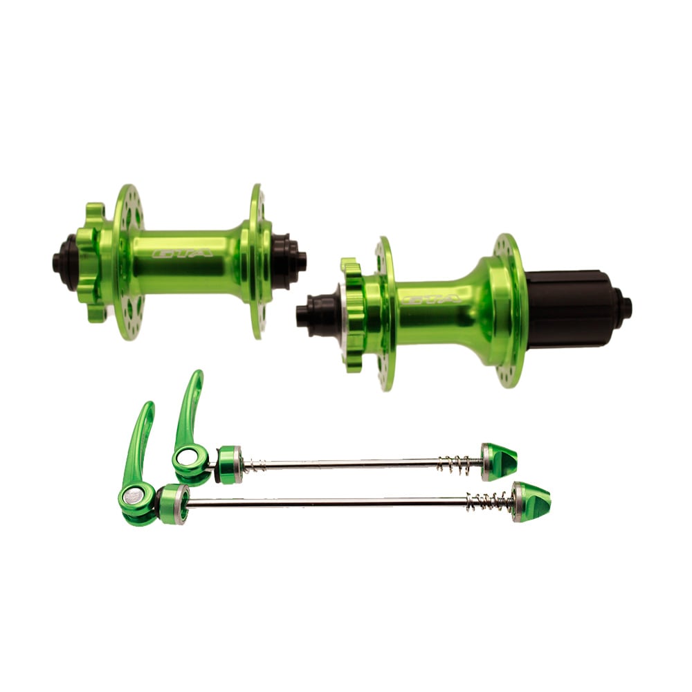 Cubo aluminio dianteiro e traseiro com rolamento verde para cassetes de 8 a 12 velocidades com blocagem  freehub 6 paws