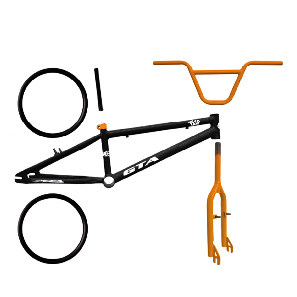 Quadro 20 bmx gta flip preto e laranja com kit (par de aro, guidao, garfo  e canote)