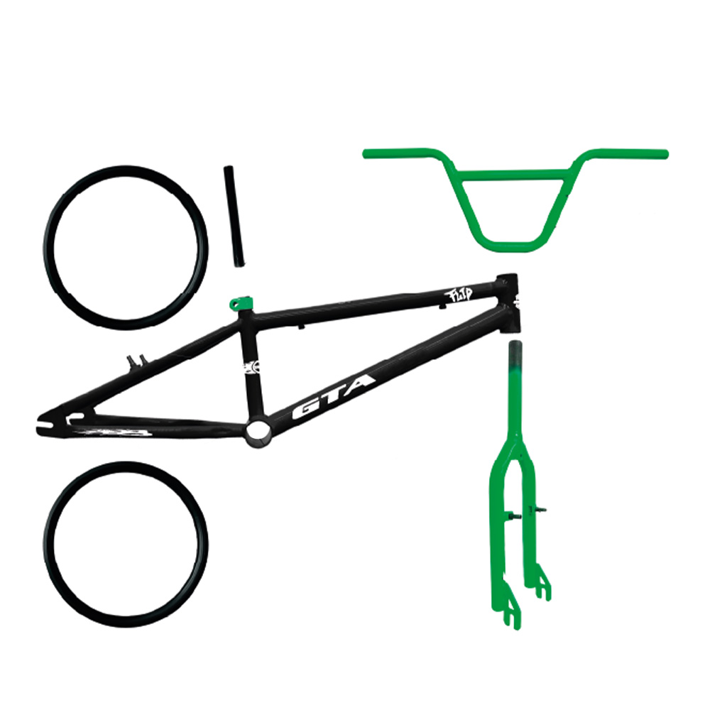 Quadro 20 bmx gta flip preto e verde com kit (par de aro, guidao, garfo  e canote)