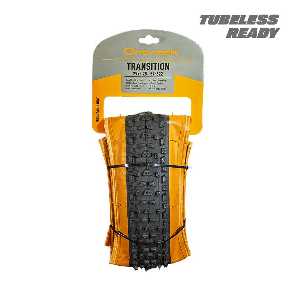 Pneu 29 x 2.25 kevlar tubeless 60tpi modelo transition preto com faixa marrom