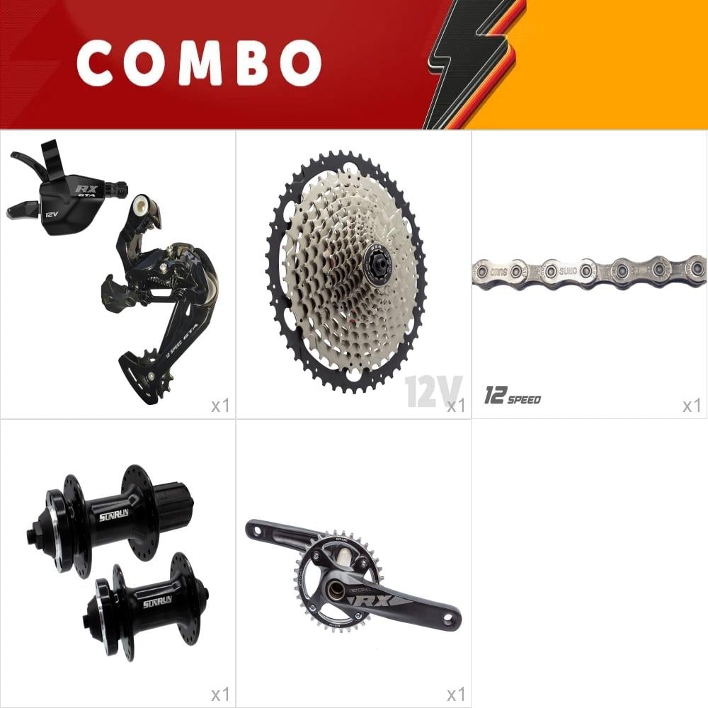 Combo 1 kit relação 1x12 - cubos rolamentados, pedivela integrado com central hollowtech, corrente, cassete 11/50, alavanca e cambio 