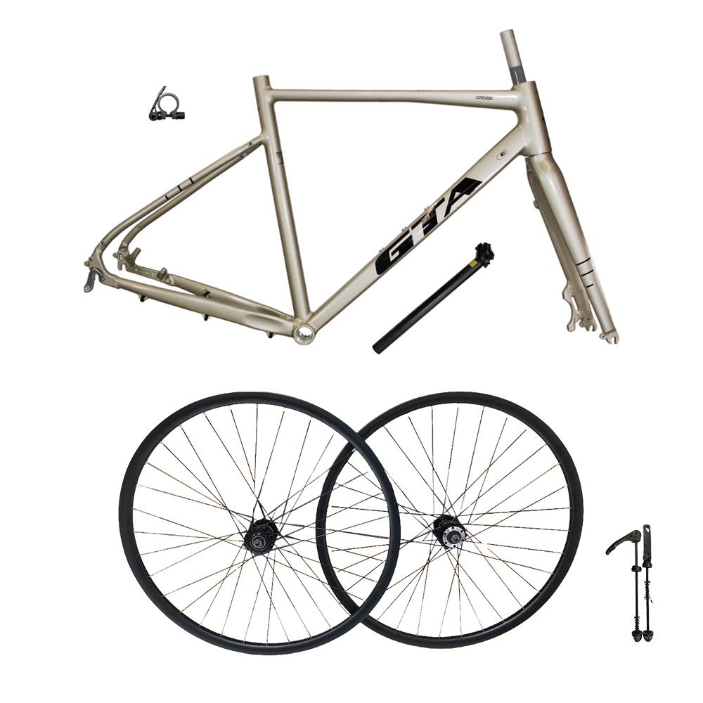 Quadro 700 gravel tamanho 50 gta champagne + par de roda montada com cubo cassete alumínio 6061