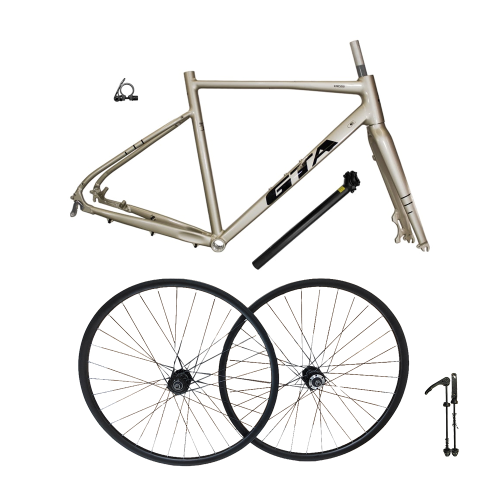 Quadro 700 gravel tamanho 52 gta champagne + par de roda montada com cubo cassete alumínio 6061