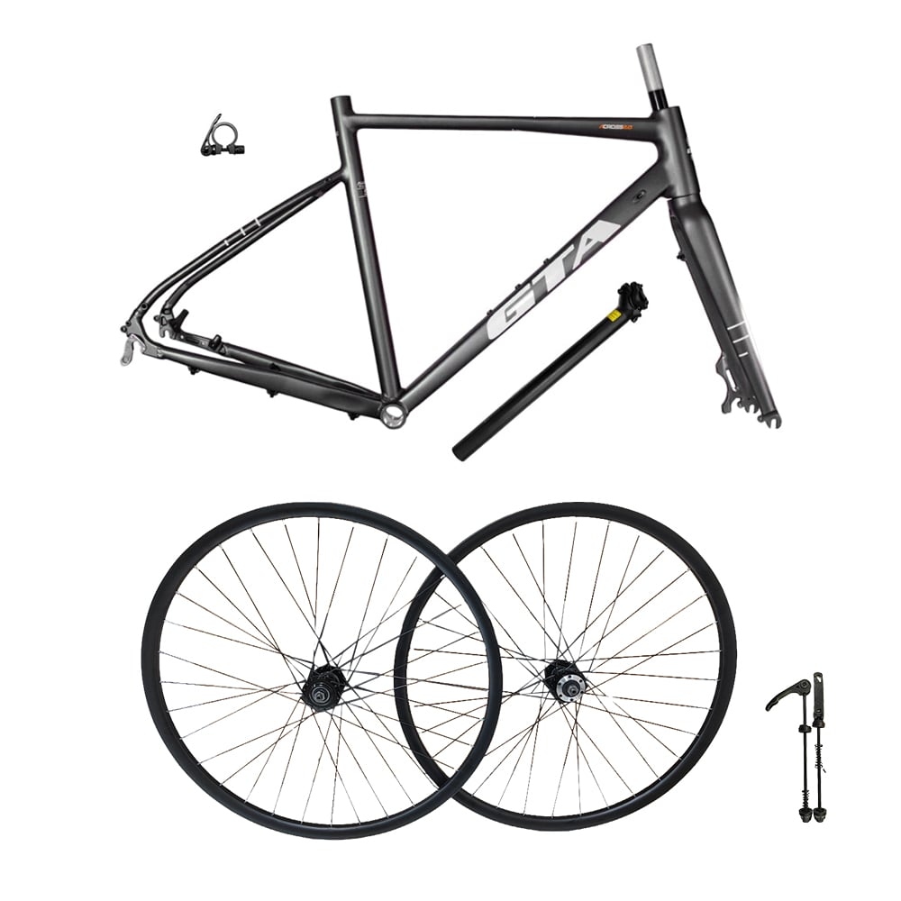 Quadro 700 gravel tamanho 54 gta grafite + par de roda montada com cubo cassete alumínio 6061