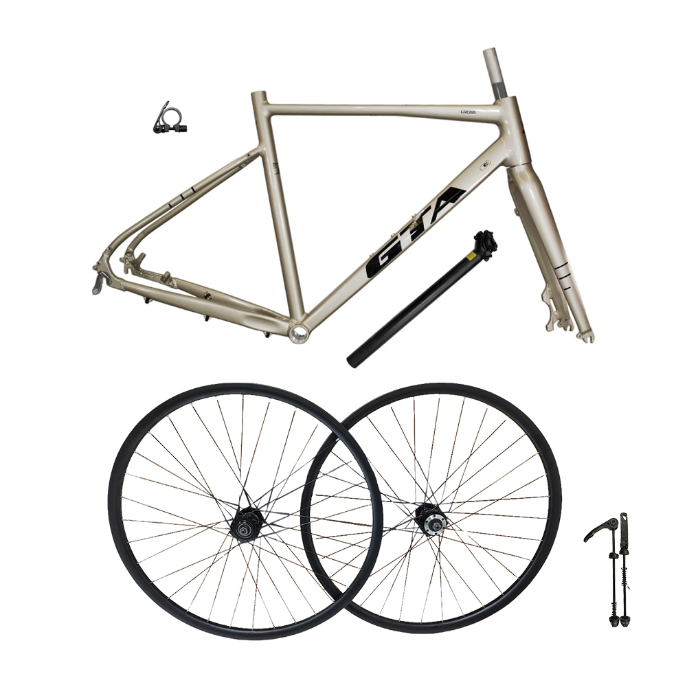 Quadro 700 gravel tamanho 56 gta champagne + par de roda montada com cubo cassete alumínio 6061