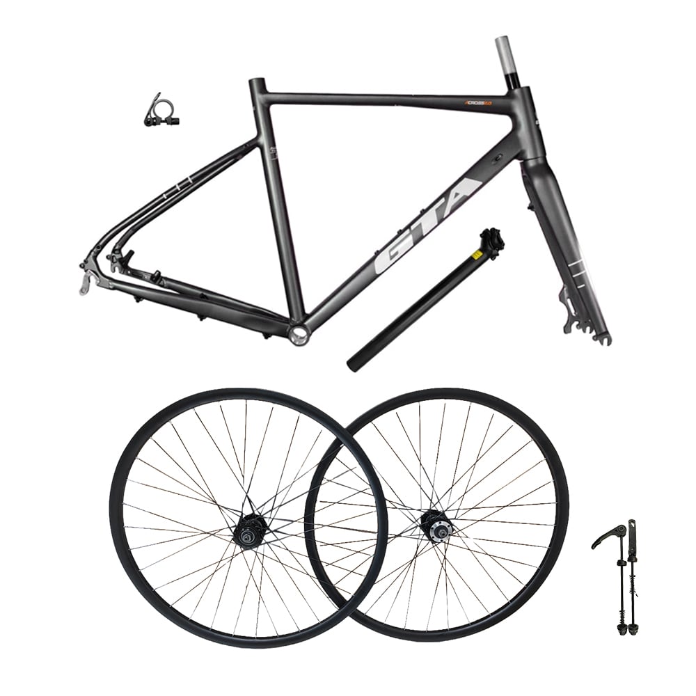 Quadro 700 gravel tamanho 56 gta grafite + par de roda montada com cubo cassete alumínio 6061