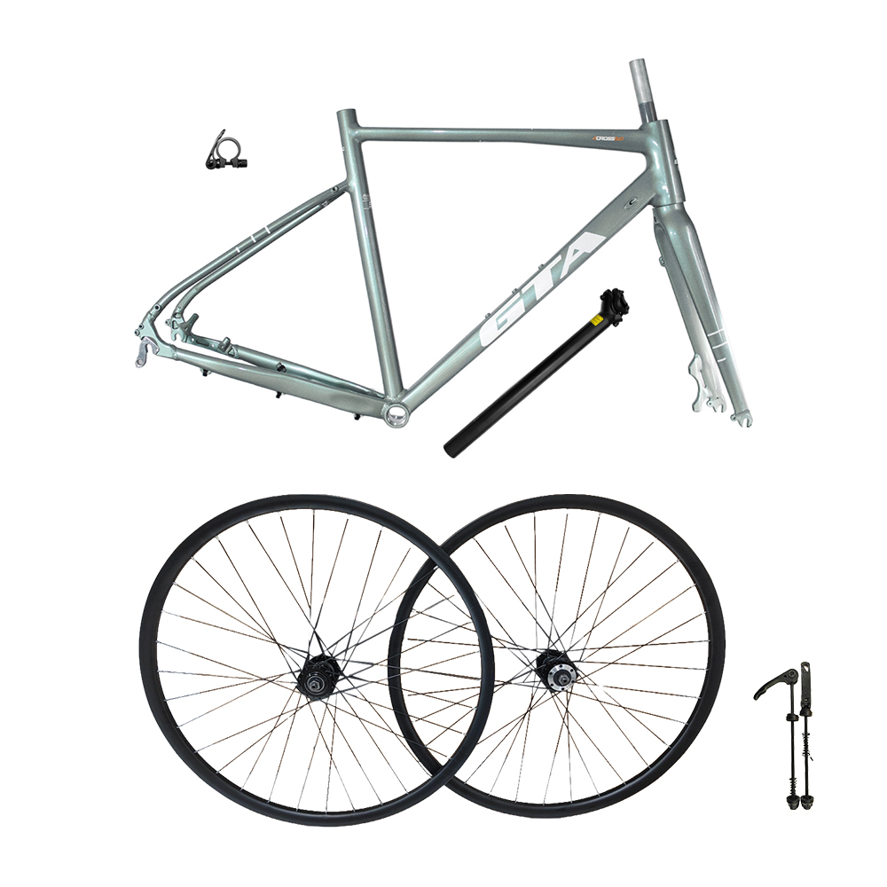 Quadro 700 gravel tamanho 56 gta verde sálvia + par de roda montada com cubo cassete alumínio 6061