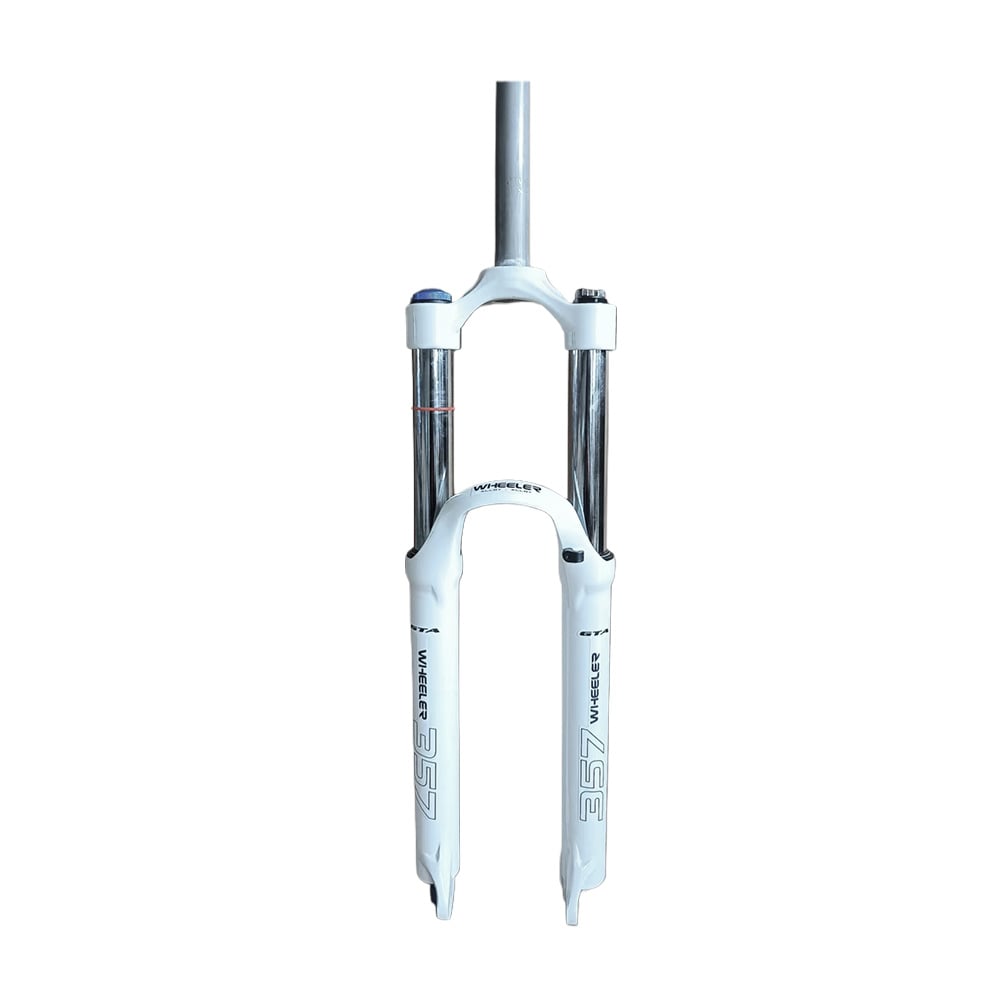 Suspensão 26 alumínio 150mm canela grossa 42mm aheadset 28.6mm com curso de 150mm com trava no ombro e ajuste de retorno modelo wheeler cor branco