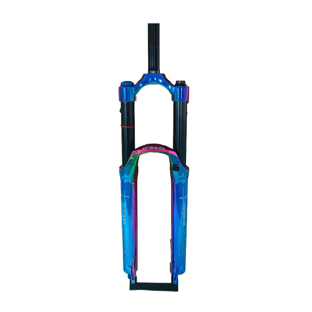 Suspensão 26 alumínio 150mm canela grossa 42mm aheadset 28.6mm com curso de 150mm com trava no ombro e ajuste de retorno modelo wheeler cor camaleão