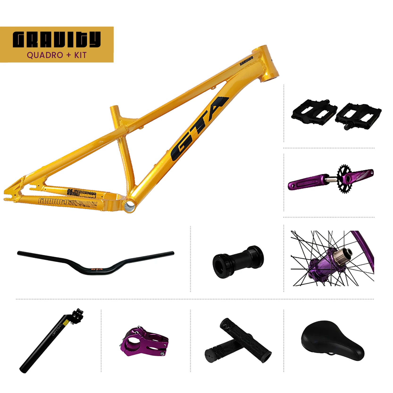 Quadro 26 freeride gta gravity dourado + par de roda montada com cubo barulhento