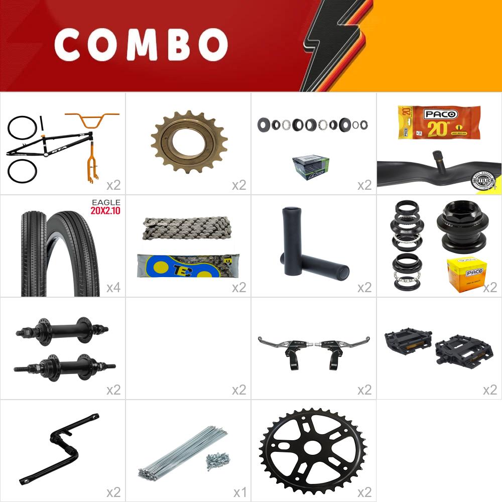 combo montagem bmx 2x gta flip preto e laranja com kit - confira os itens
