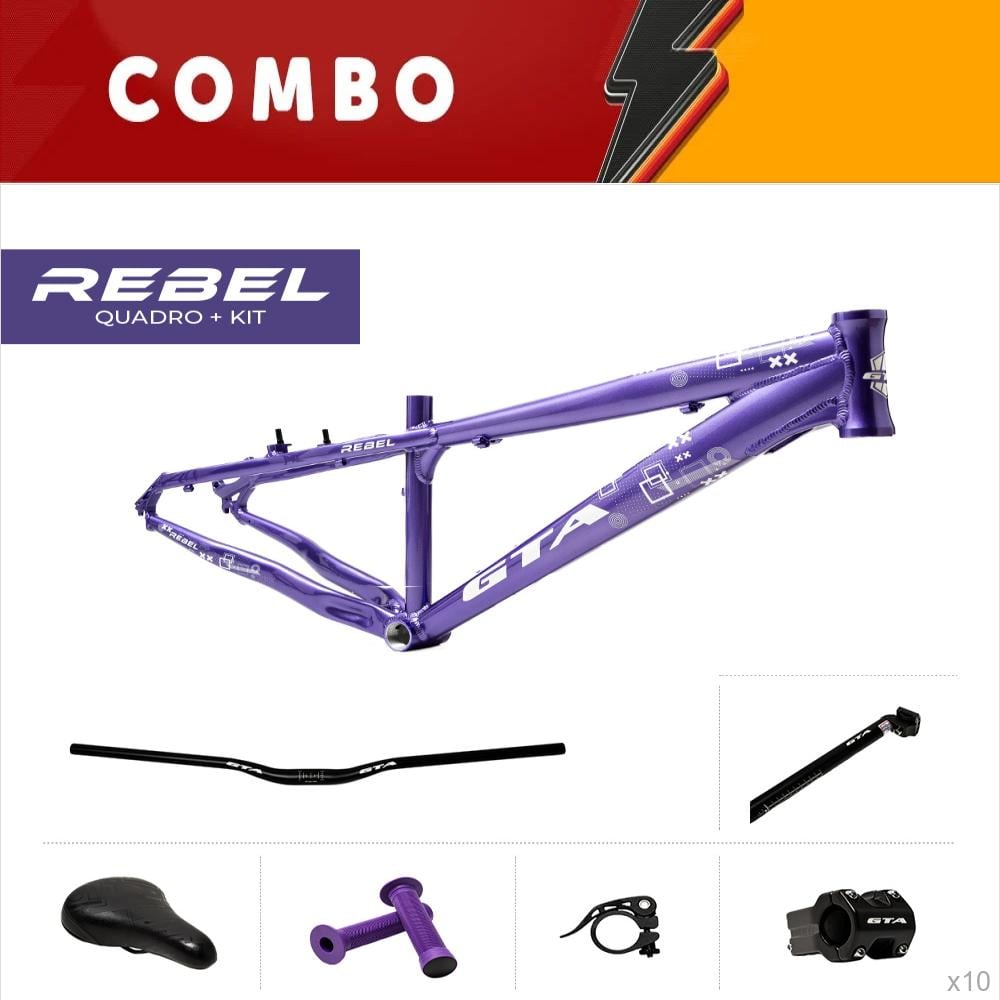  promocional 10% de desconto - 10x quadros 26 freeride gta rebel roxo, guidão, suporte de guidão, canote, selim, manopla e abraçadeira