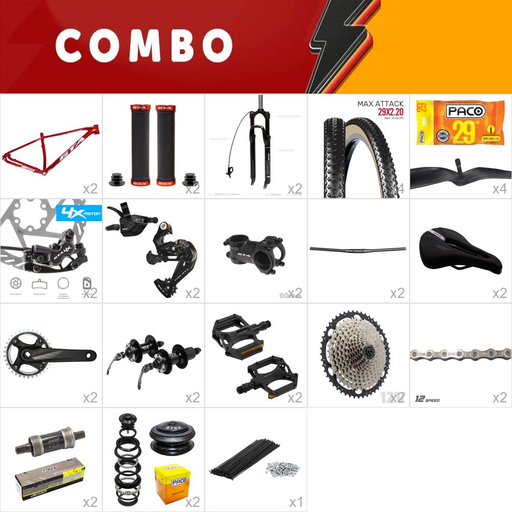 2x kit bike climb 15.5 - vermelho - relação 1x12 - freio hidráulico 4 pistões - suspensão com trava remota