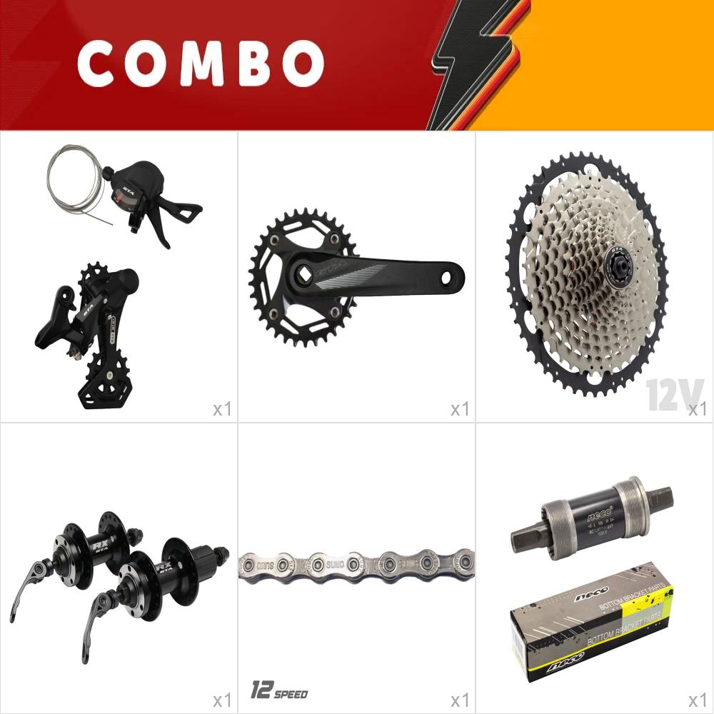 Combo 1x kit relação 1x12 gta start promocional - pedivela ponta quadrada coroa aço, cubos esferados, corrente 12v, cassete 11/50, alavanca e cambio start