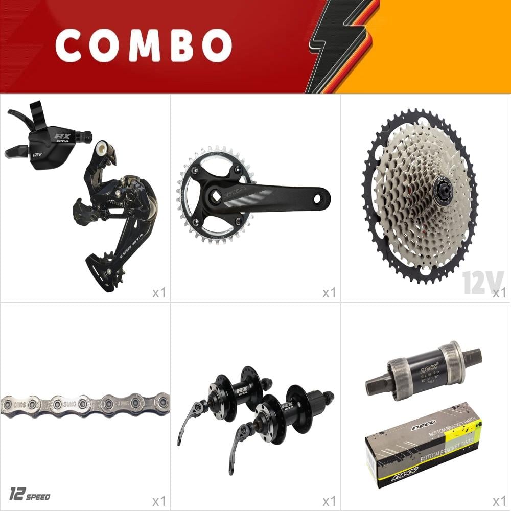 Combo 1 kit relação 1x12 promocional - pedivela ponta quadrada coroa em alumínio, cubos esferados, pedivela ponta quadrada, movimento central selado neco, corrente, cassete 11/50, alavanca e cambio 