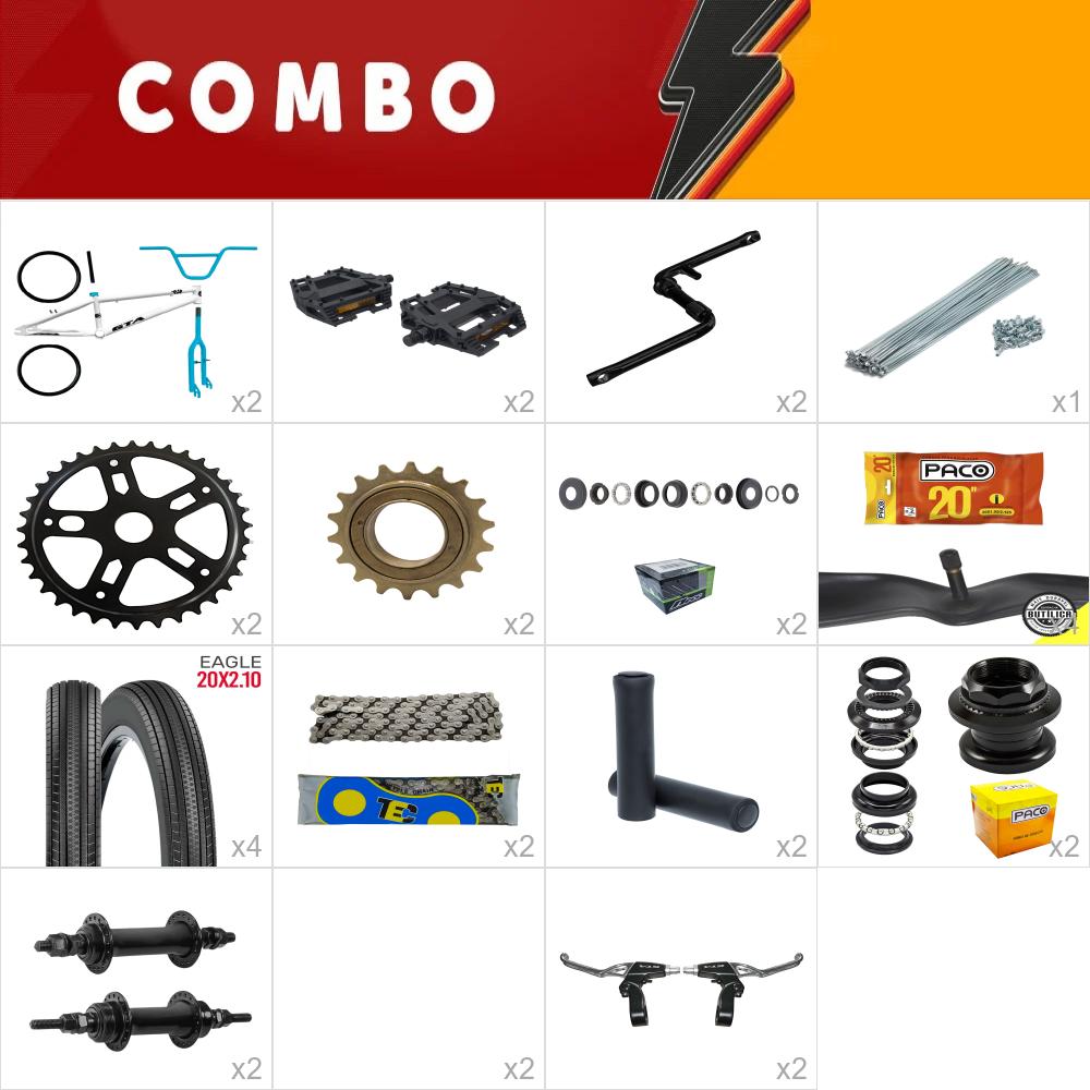  combo montagem bmx 2x gta flip branco e azul com kit - confira os itens