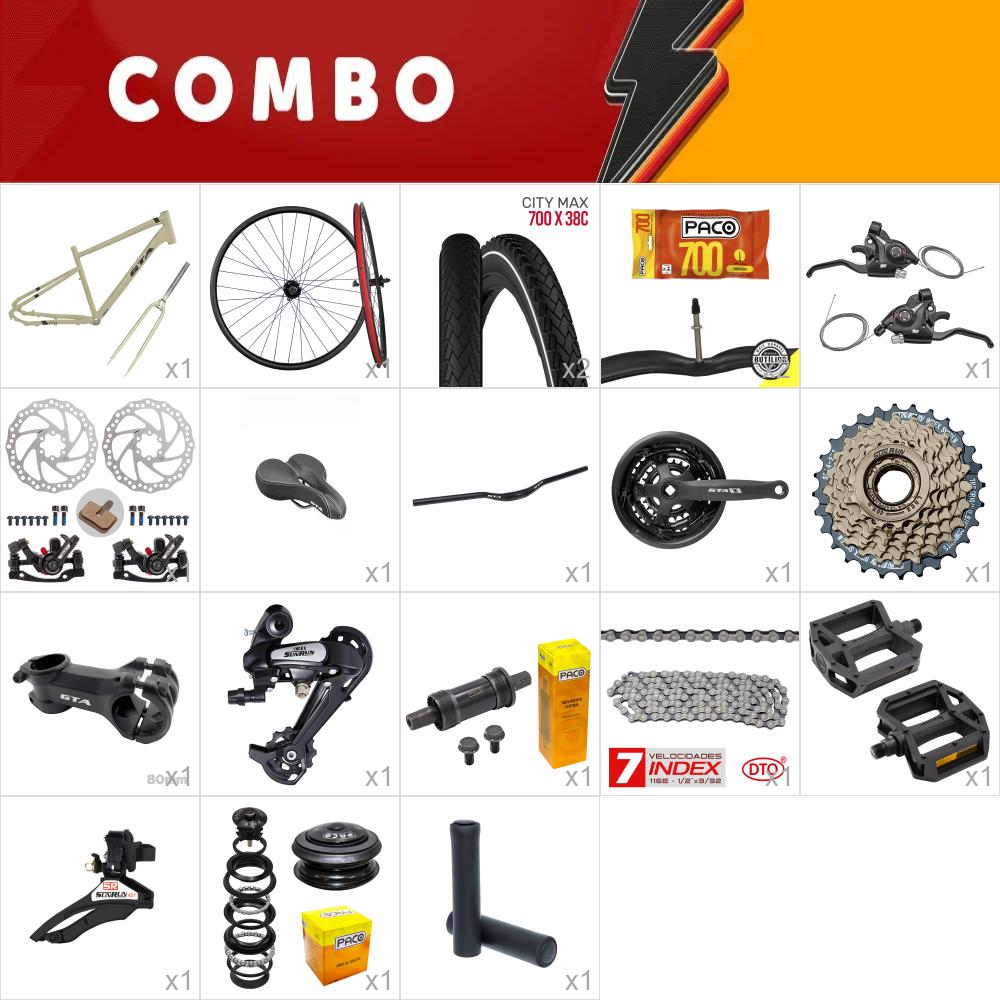           combo 1x kit montagem gta urban creme com garfo - 21 velocidades - falta canote 27.2 abraçadeira 31.8 cabos e conduites - confira itens