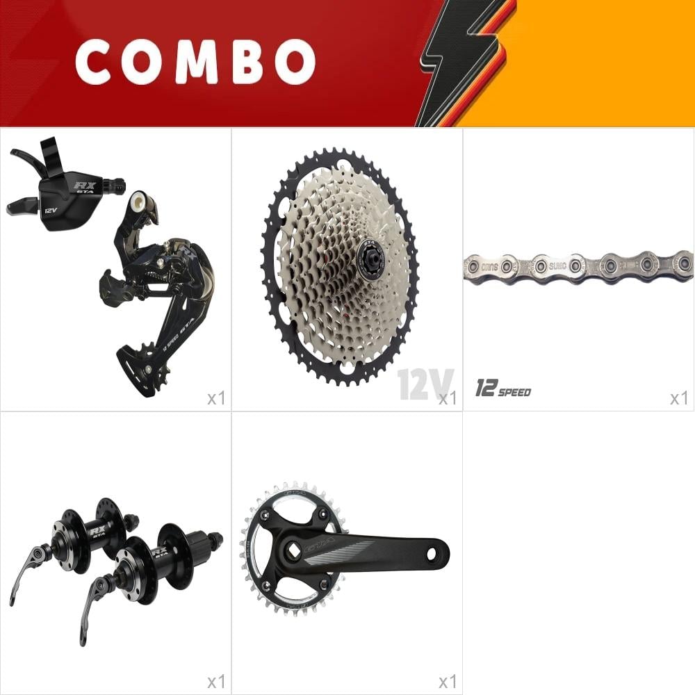 Combo 1 kit relação 1x12 - cubos esferados, pedivela ponta quadrada, corrente, cassete 11/50, alavanca e cambio 
