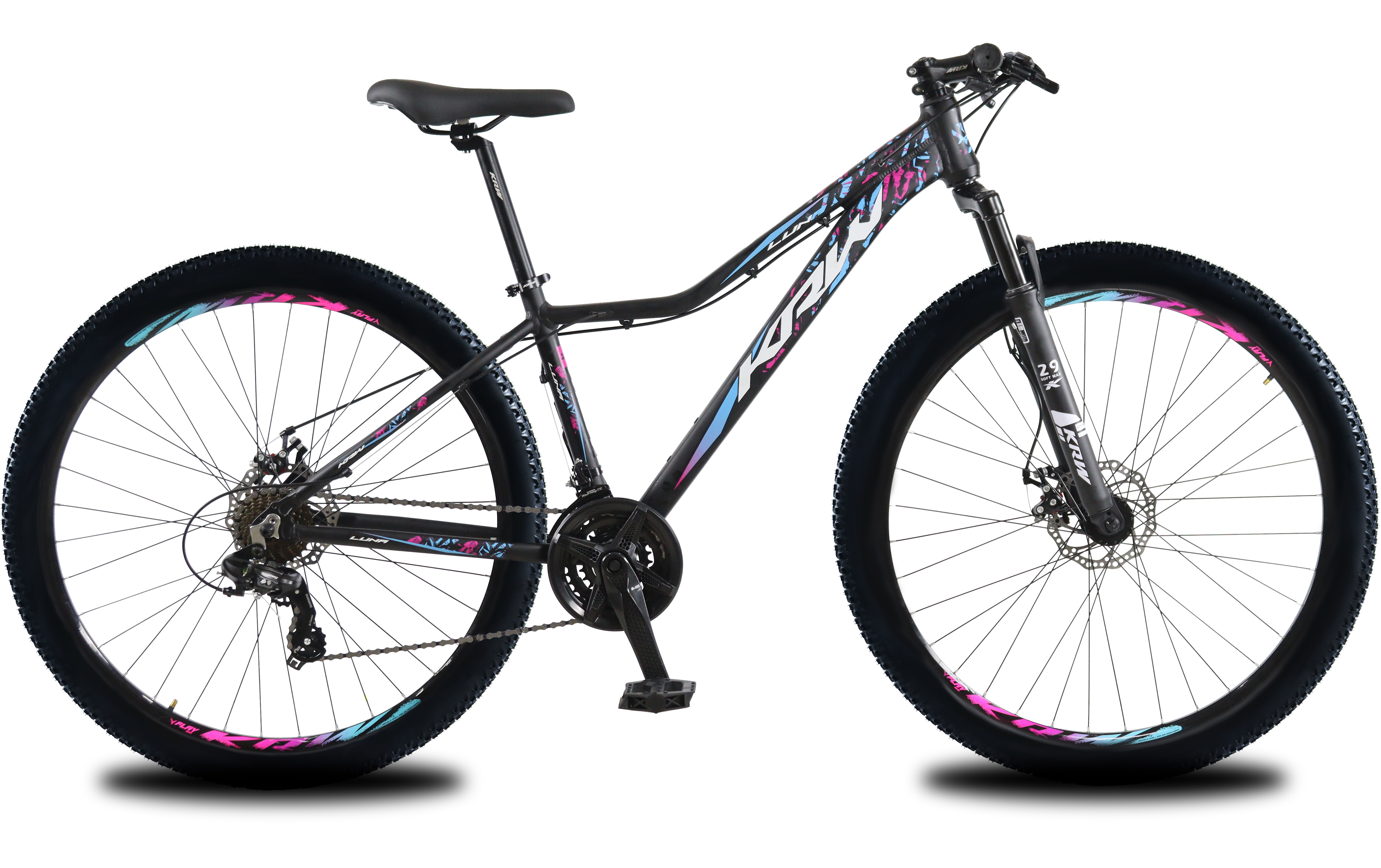 Bicicleta aro 29 krw alumínio shimano acera 27v freio hidráulico c/ trava ombro w10 preto/rosa e azul 15.5