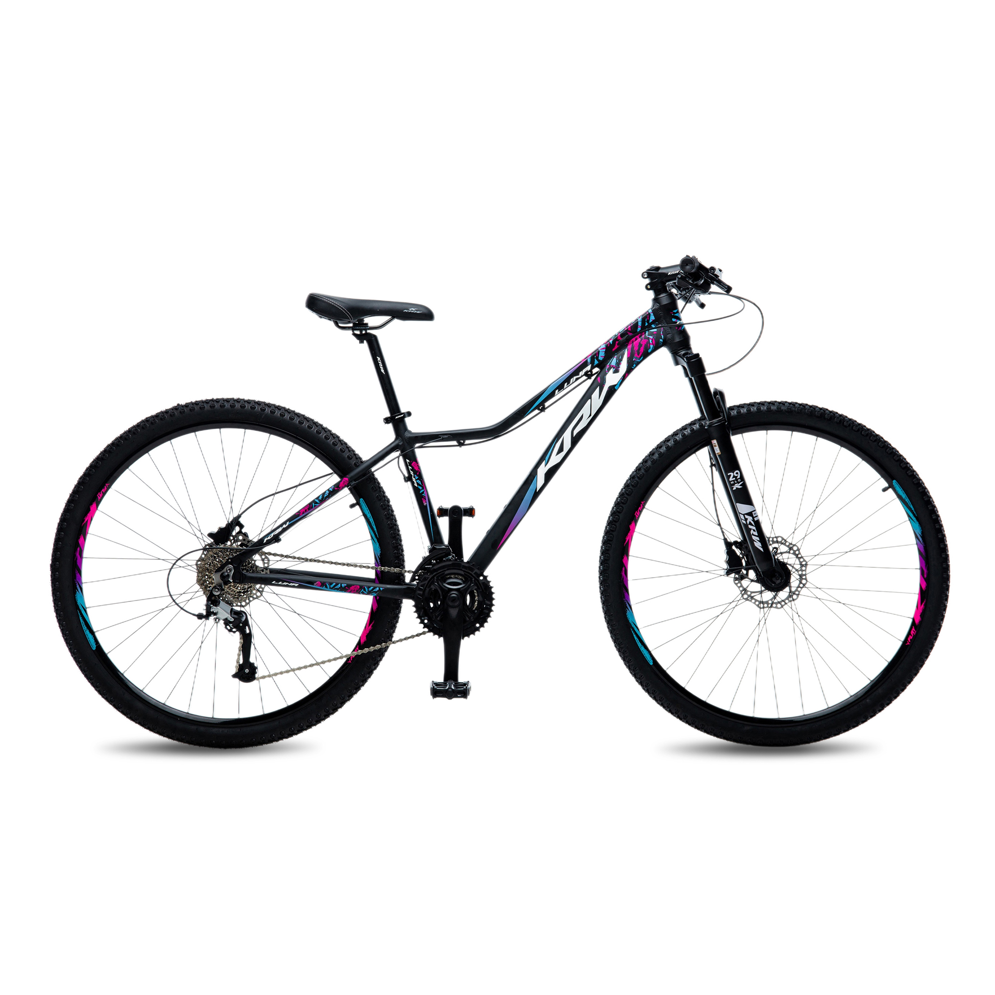 Bicicleta aro 29 krw alumínio 24 velocidades freio à disco w1 preto/rosa e azul 15.5