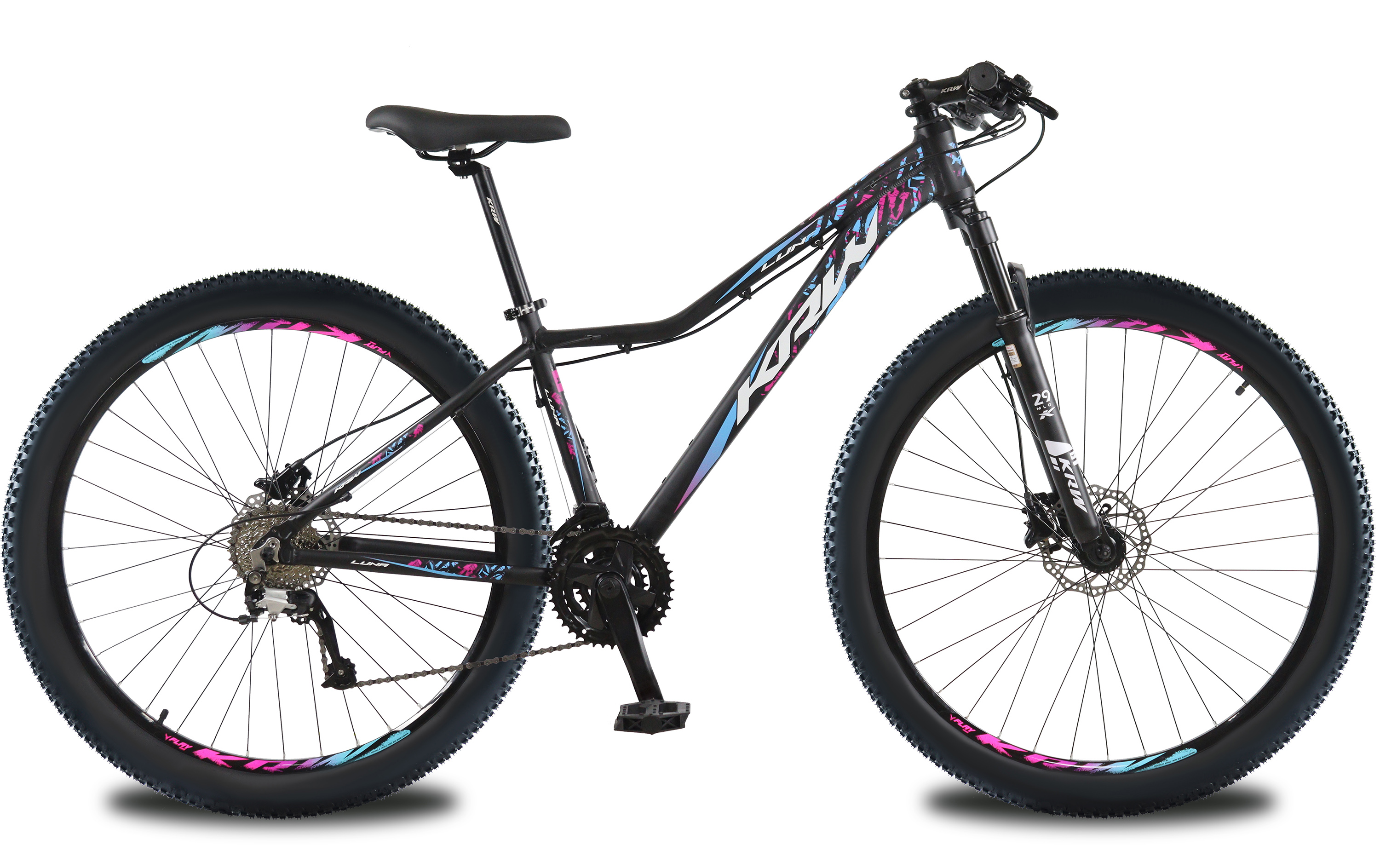 Bicicleta aro 29 krw alumínio 27v freio hidráulico cassete w4 preto/azul e rosa 15.5