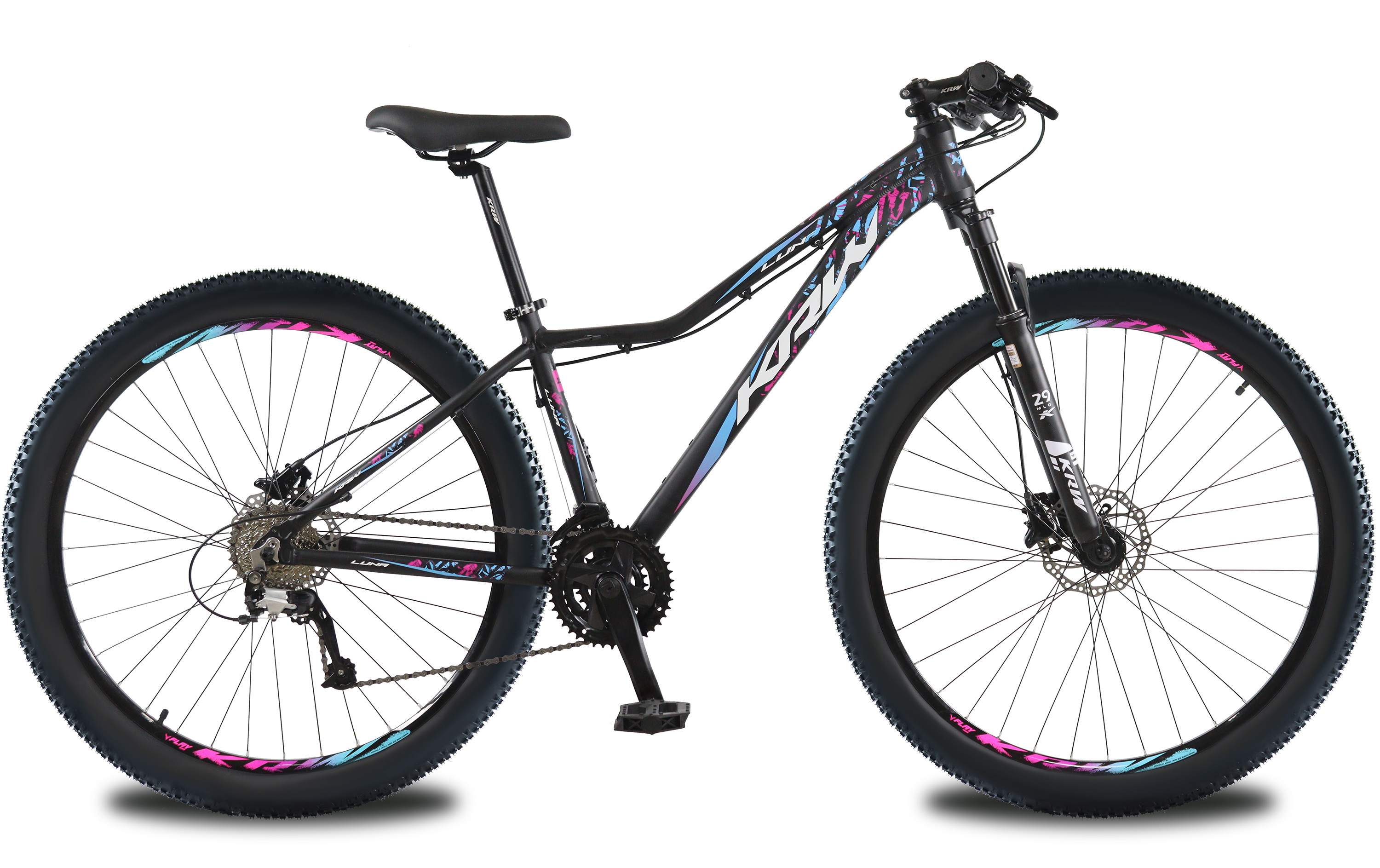 Bicicleta aro 29 krw alumínio 27v freio hidráulico com trava de ombro cassete w6 preto/rosa e azul 15.5