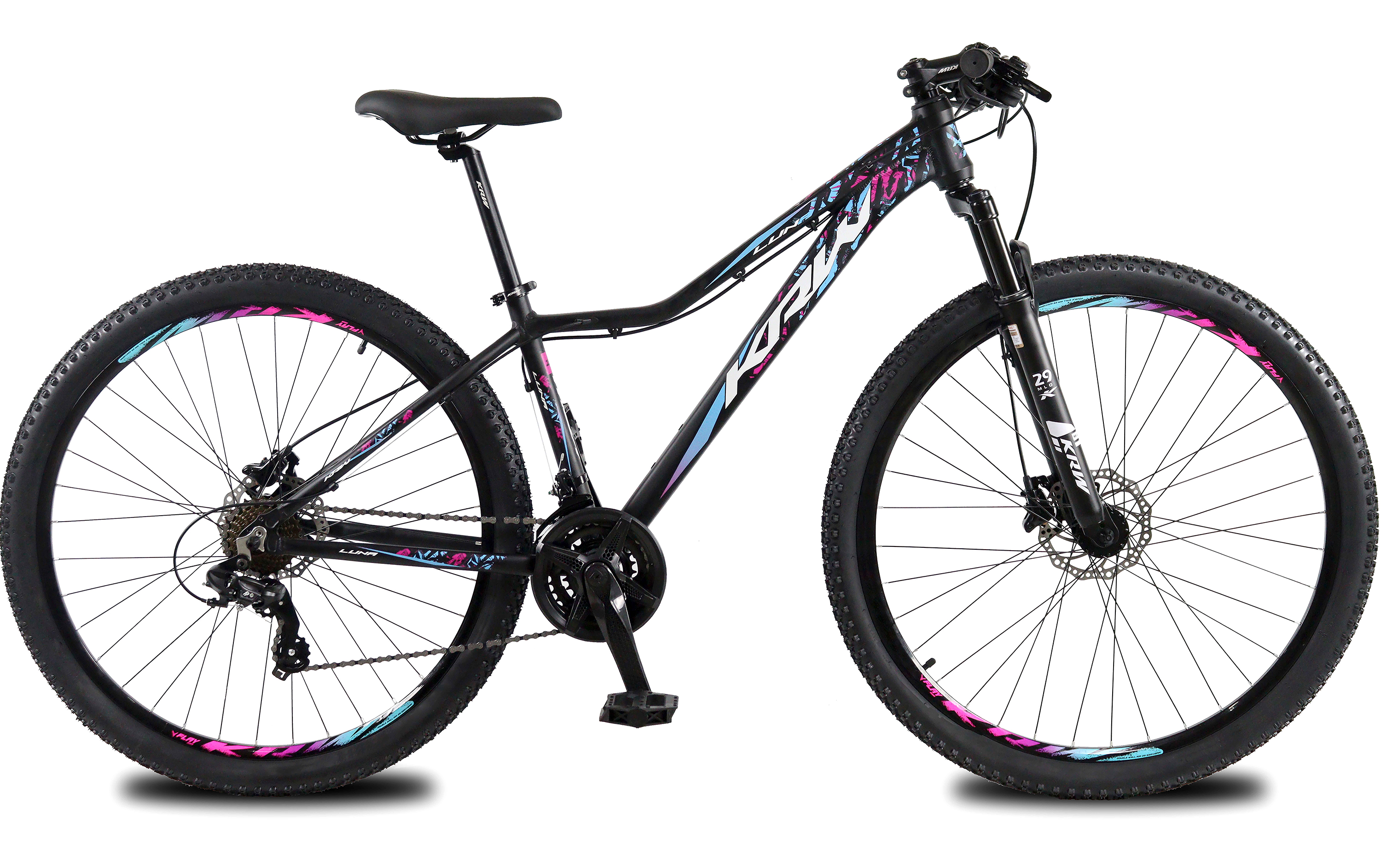 Bicicleta aro 29 krw alumínio shimano tz 24v freio hidráulico w8 preto/rosa e azul 15.5