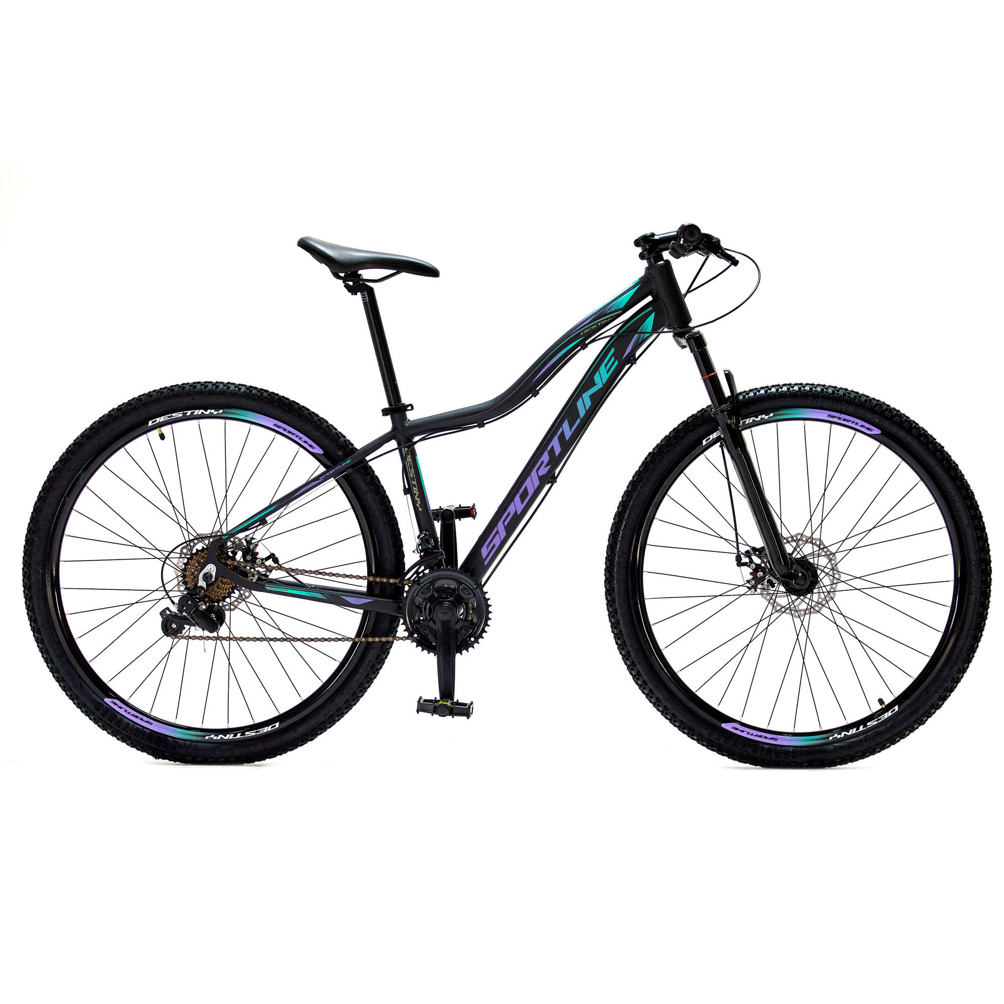 Bicicleta 29 shimano tz 21v freio a disco st1 preto/lilás e turquesa 15.5