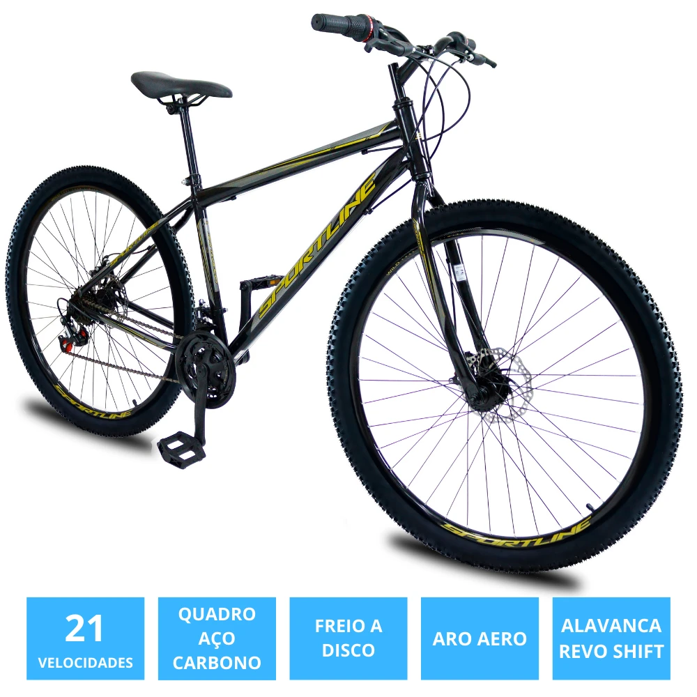 Bicicleta 29 aço carbono 21v freio disco st13 preto/dourado