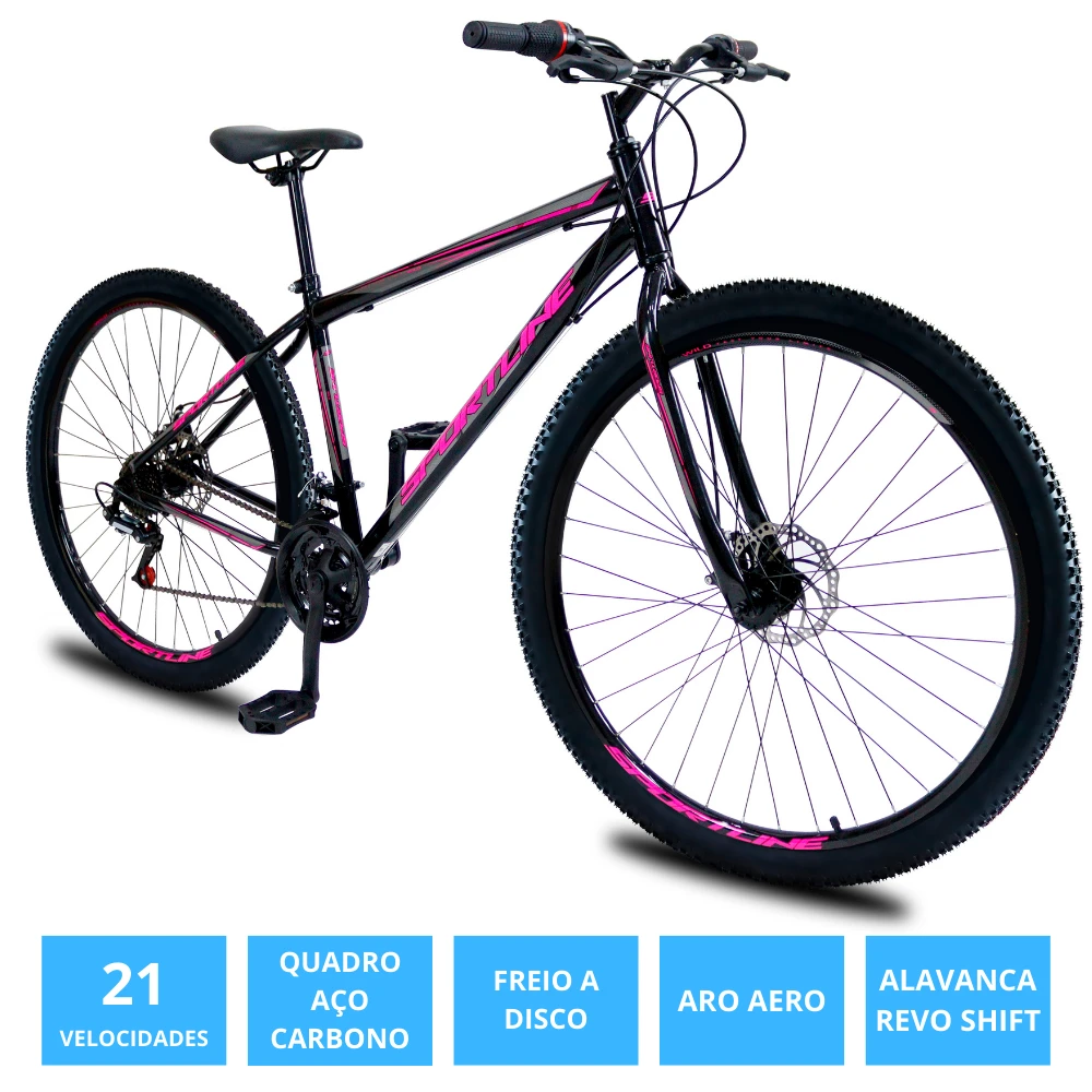 Bicicleta 29 aço carbono 21v freio disco st13 preto/rosa