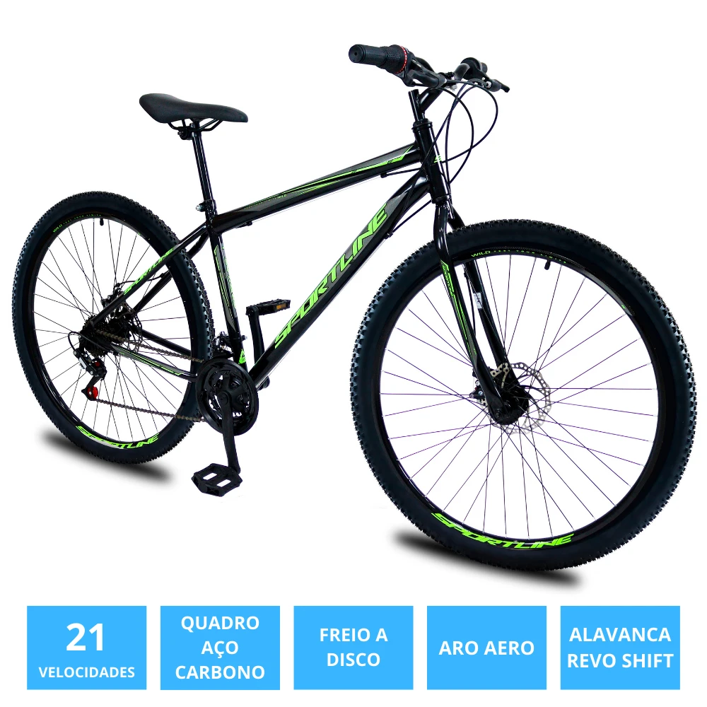 Bicicleta 29 aço carbono 21v freio disco st13 preto/verde