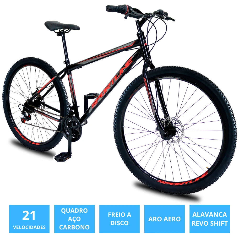 Bicicleta 29 aço carbono 21v freio disco st13 preto/vermelho