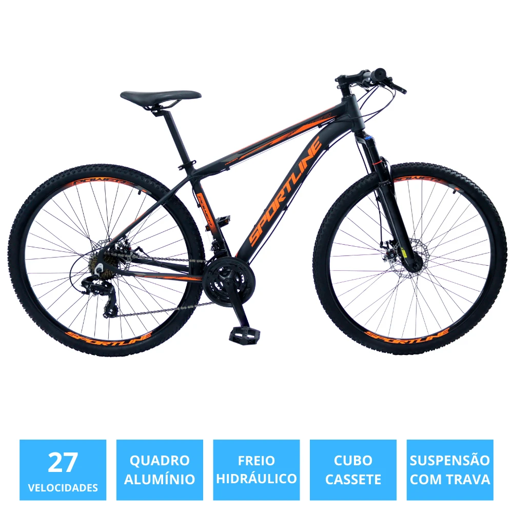 Bicicleta 29 importado 27v freio hidr. c/ trava cassete st11 preto/laranja 17