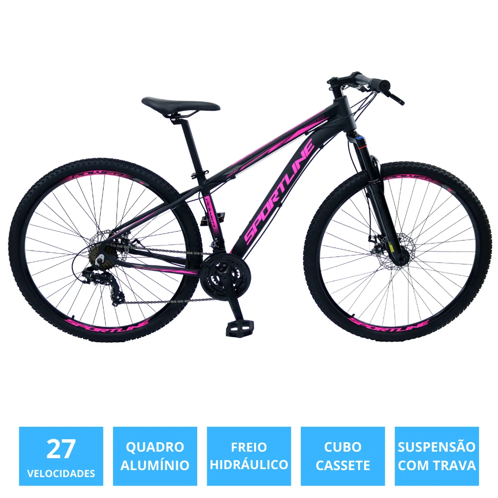 Bicicleta 29 importado 27v freio hidr. c/ trava cassete st11 preto/rosa 15.5