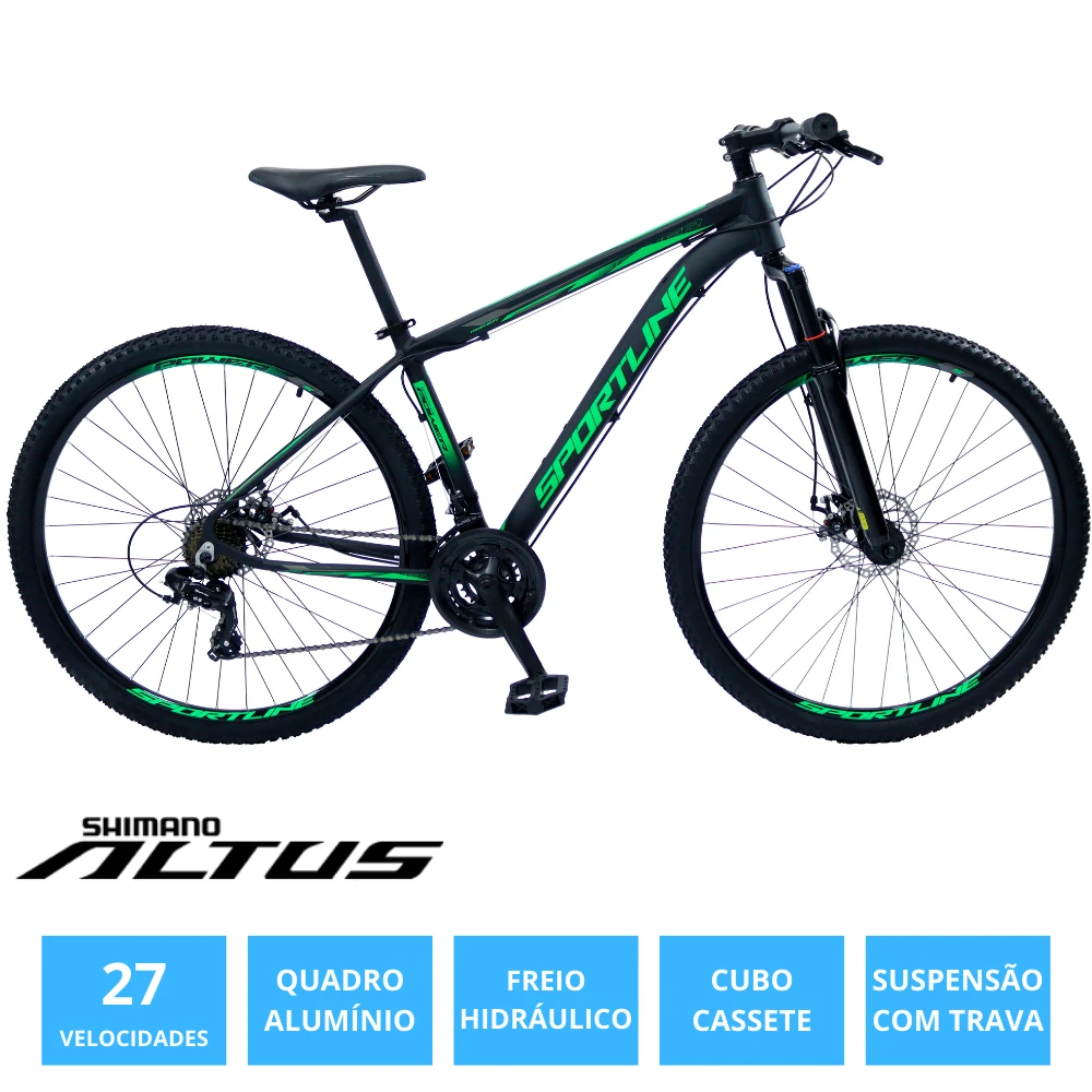 Bicicleta 29 shimano altus 27v freio hidr. c/ trava cassete st9 preto/verde 17