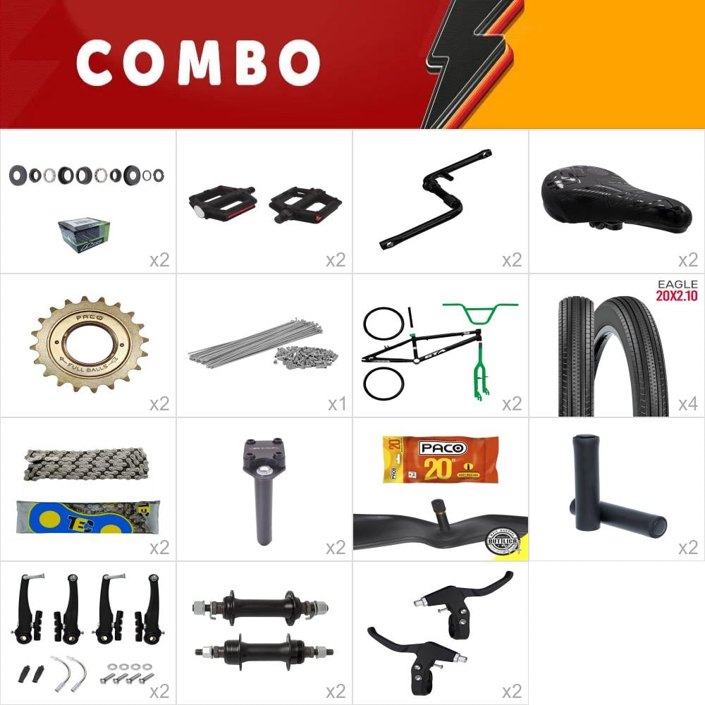 Combo bmx 2x gta flip preto/verde - falta direção standard e roda dentada - confira os itens
