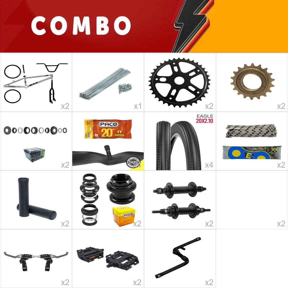  combo montagem bmx 2x gta flip prata e preto com kit - confira os itens