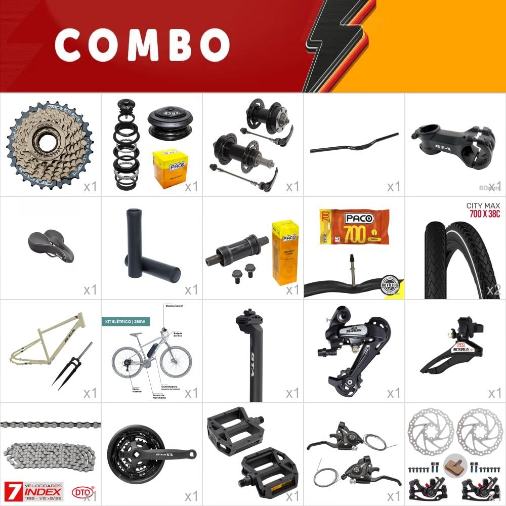 Combo 1x kit montagem bike eletrica 250w gta urban creme com suspensão - falta abraçadeira 31.8 aros raio cabos e conduites - confira itens