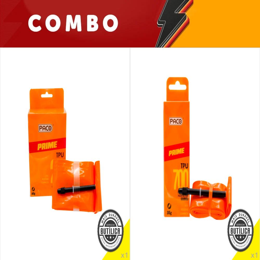         liquidação <b>20%</b> - 1x câmara aro 700x18/32c <b>tpu</b> válvula presta 65mm + 1x câmara aro 29x1.90/2.35 <b>tpu</b> válvula presta 65mm