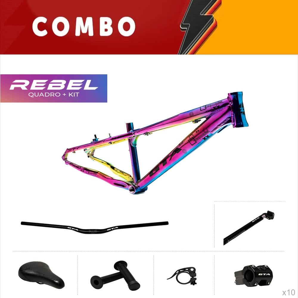  promocional 5% de desconto - 10x quadros 26 freeride gta rebel camaleão (rainbow) guidão, suporte de guidão, canote, selim, manopla e abraçadeira