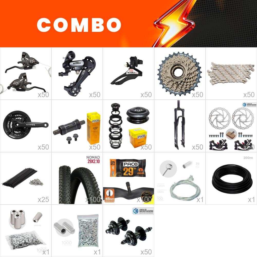 Combo montagem 50x bikes start - relação sunrun -  (não acompanha quadro kit, aros, pedais) - confira os itens