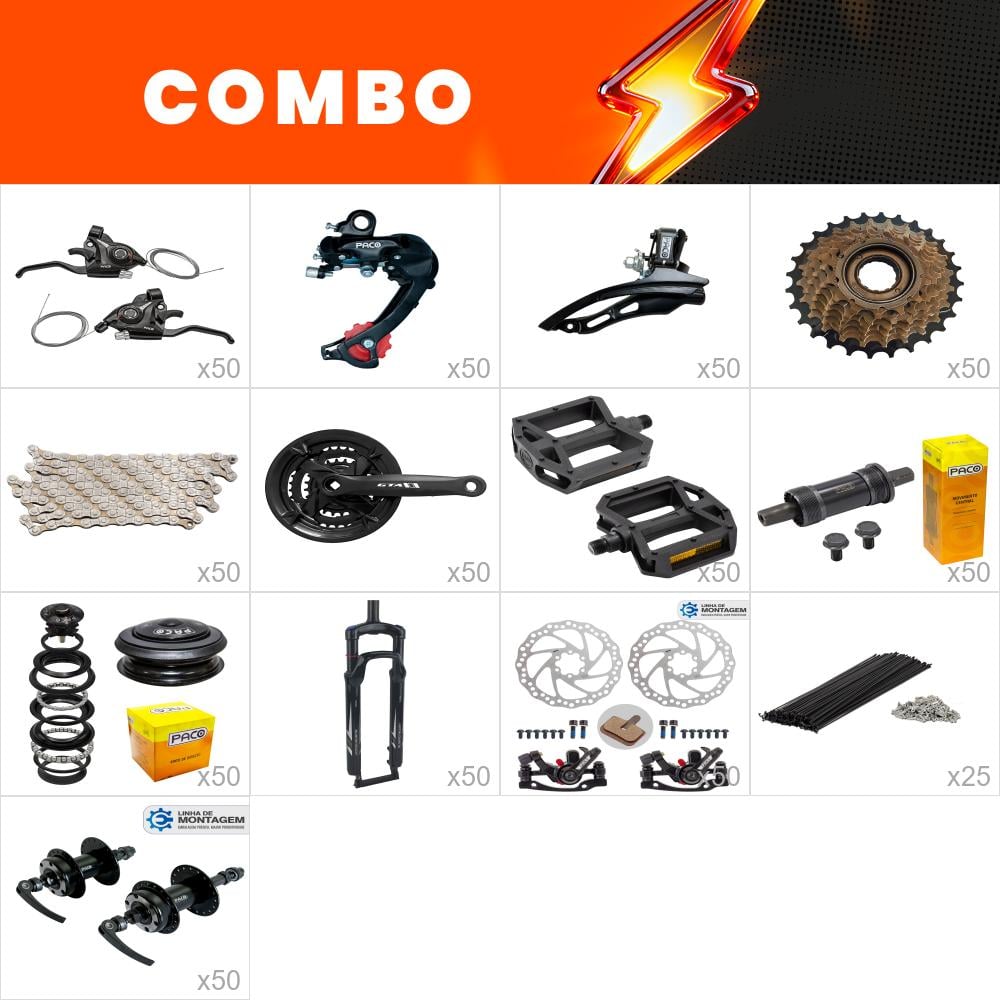 Combo montagem 50x bikes start - relação paco -  (não acompanha quadro kit, aros, pneus e camaras, cabos e conduites) - confira os itens