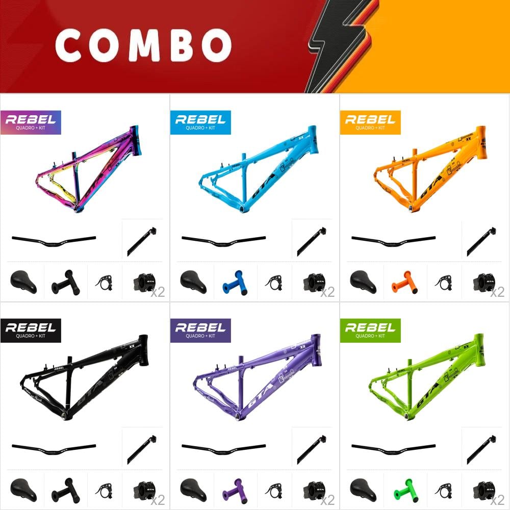   promocional 10% de desconto - 12x quadros 26 freeride gta rebel camaleão, azul, laranja, preto, roxo e verde   guidão   sup guidão   canote   selim   manopla   abraçadeira canote